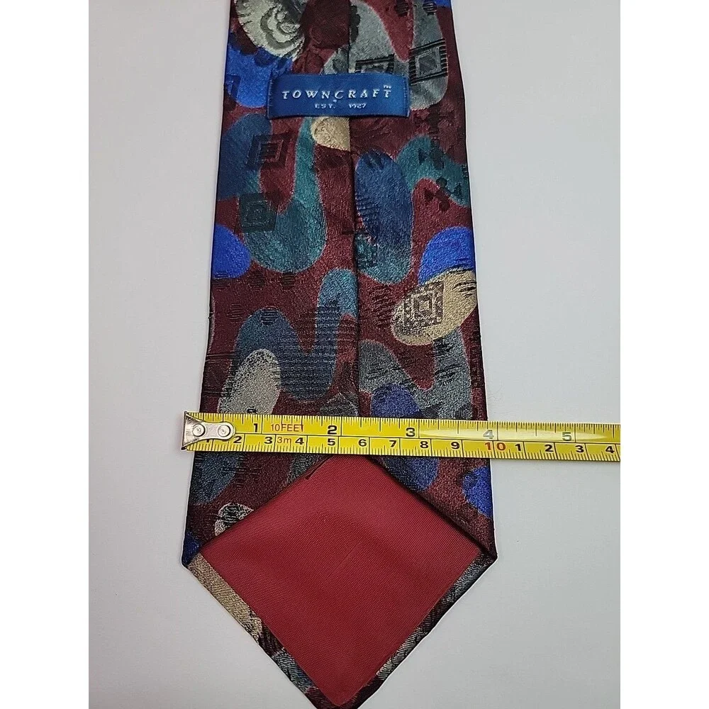 Towncraft Vintage Necktie Abstract Geometric Burgundy Blue Gray Tie 1960 Style